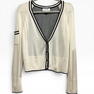 St. John Collection Lightweight Wool Blend Nautical Cardigan Navy Trim M